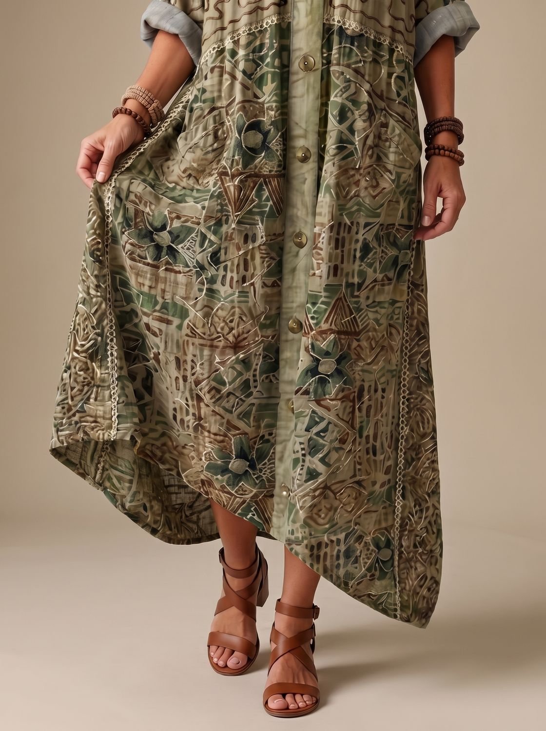 Women's Oversized Embroidered Button-Front Midi Dress Pockets