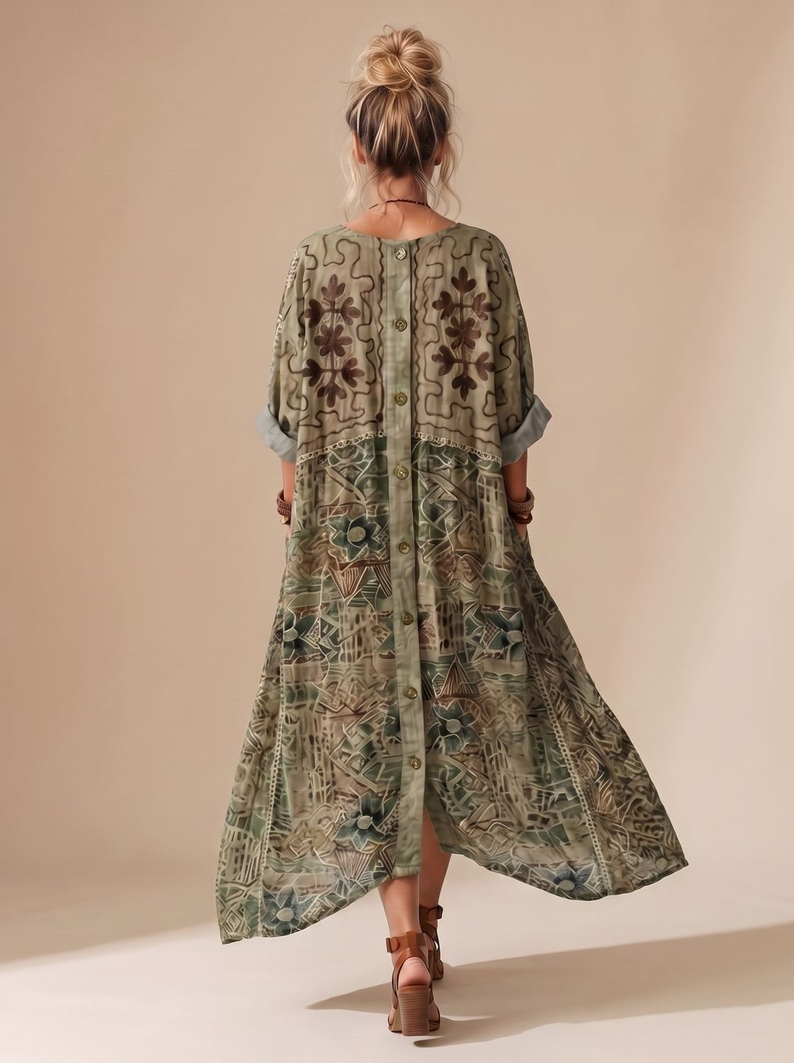 Women's Oversized Embroidered Button-Front Midi Dress Pockets