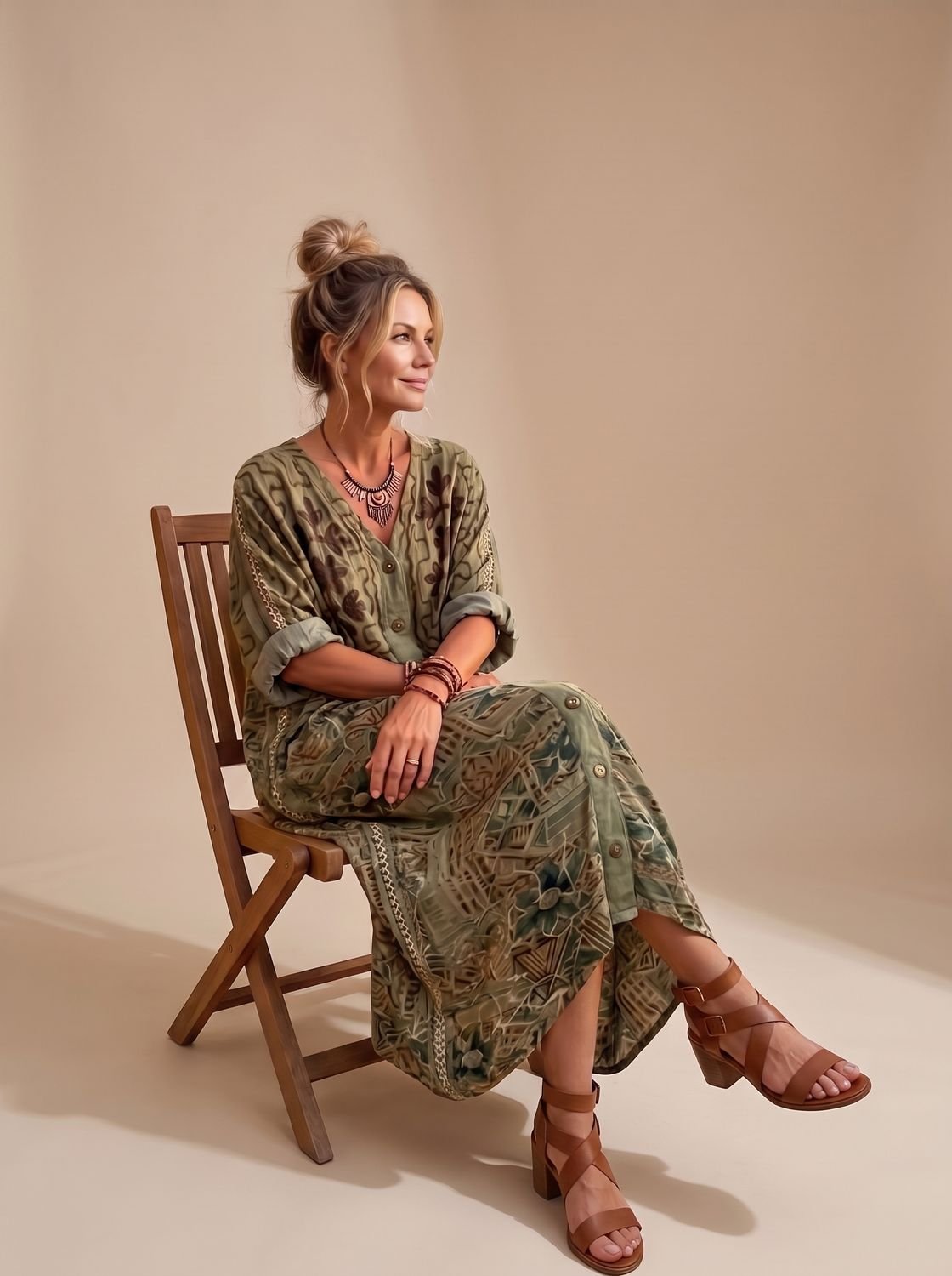 Women's Oversized Embroidered Button-Front Midi Dress Pockets