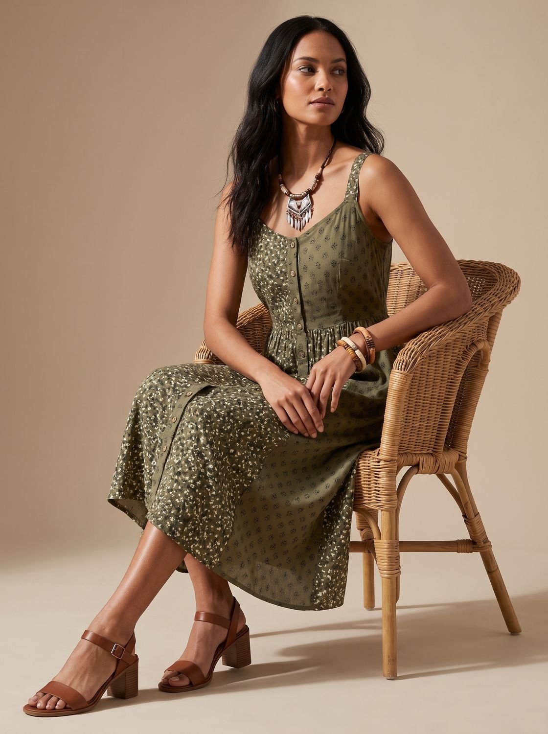 Women's Oversized Embroidered Button-Front Midi Dress Pockets