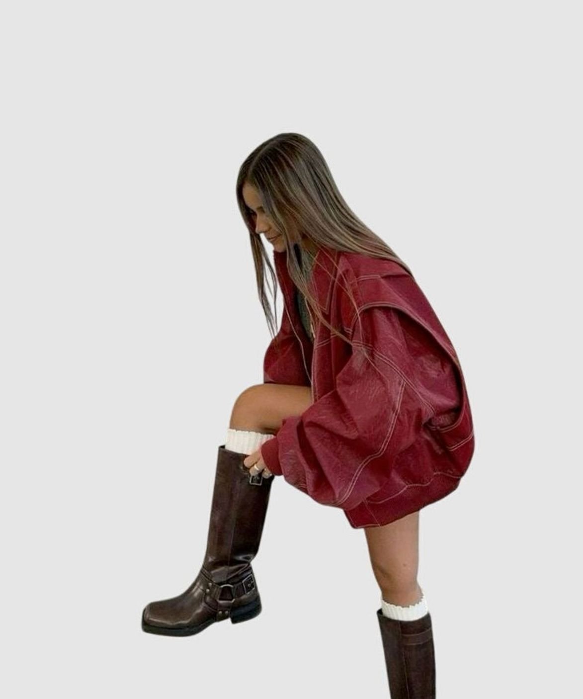 Women's Oversized Faux Leather Biker Jacket Contrast Stitch