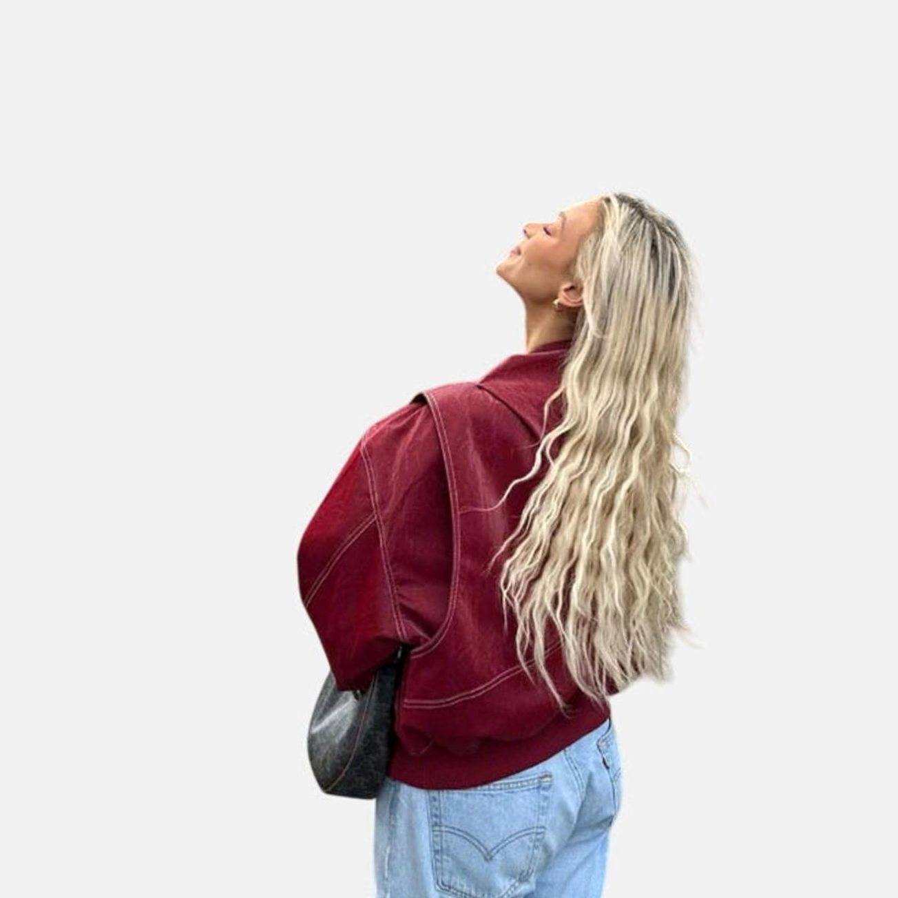 Women's Oversized Faux Leather Biker Jacket Contrast Stitch
