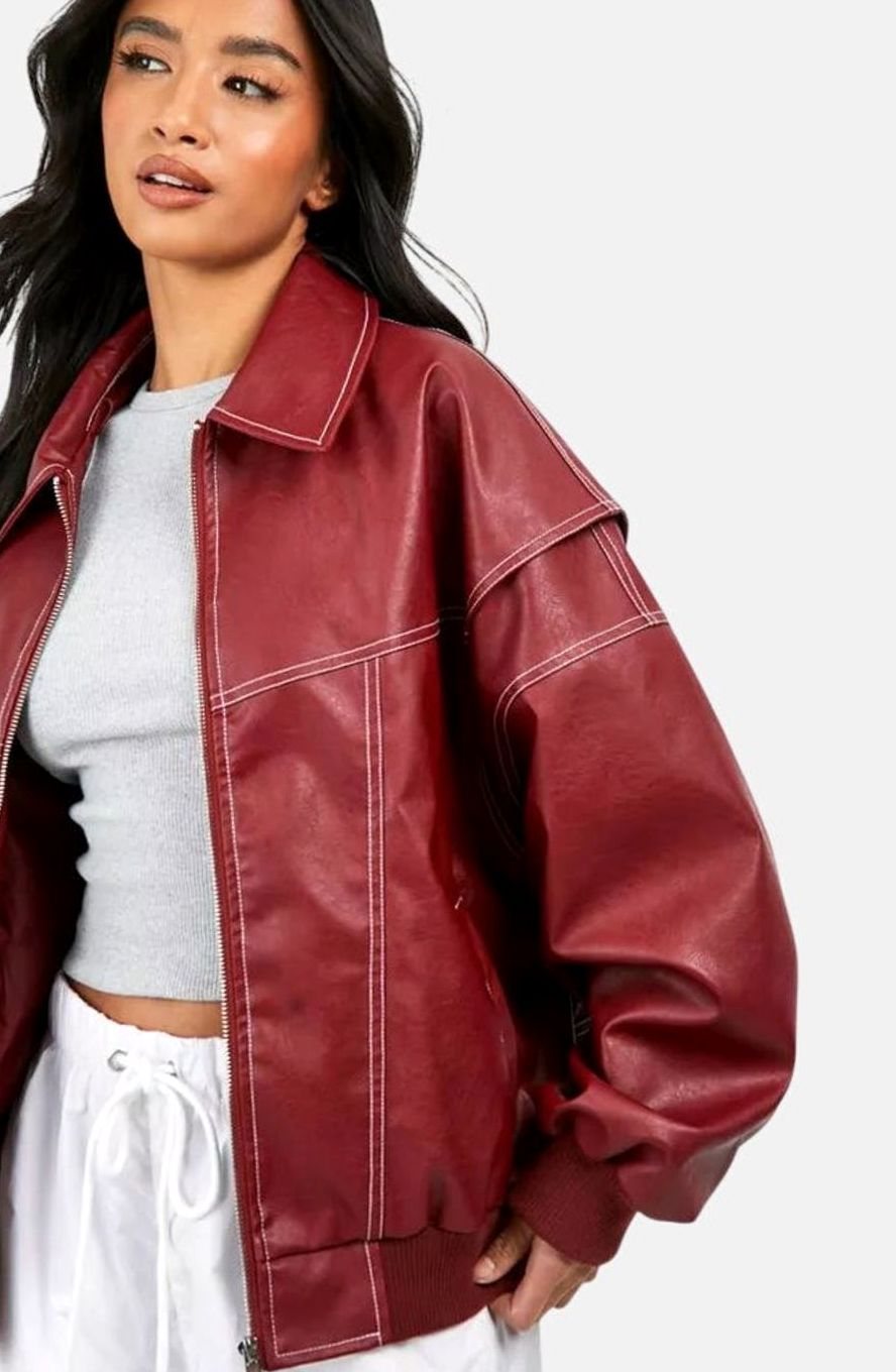 Women's Oversized Faux Leather Biker Jacket Contrast Stitch