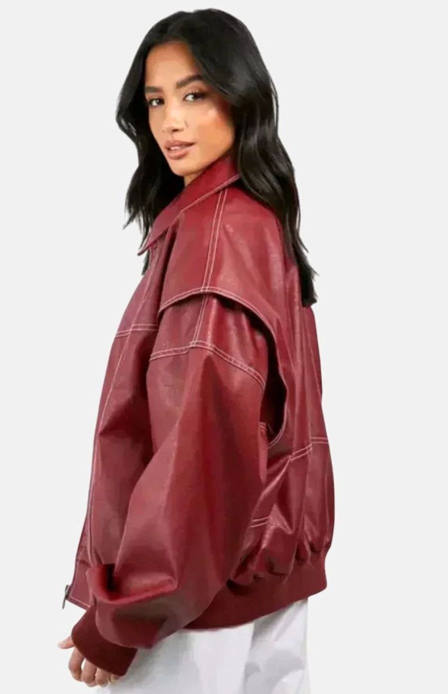 Women's Oversized Faux Leather Biker Jacket Contrast Stitch
