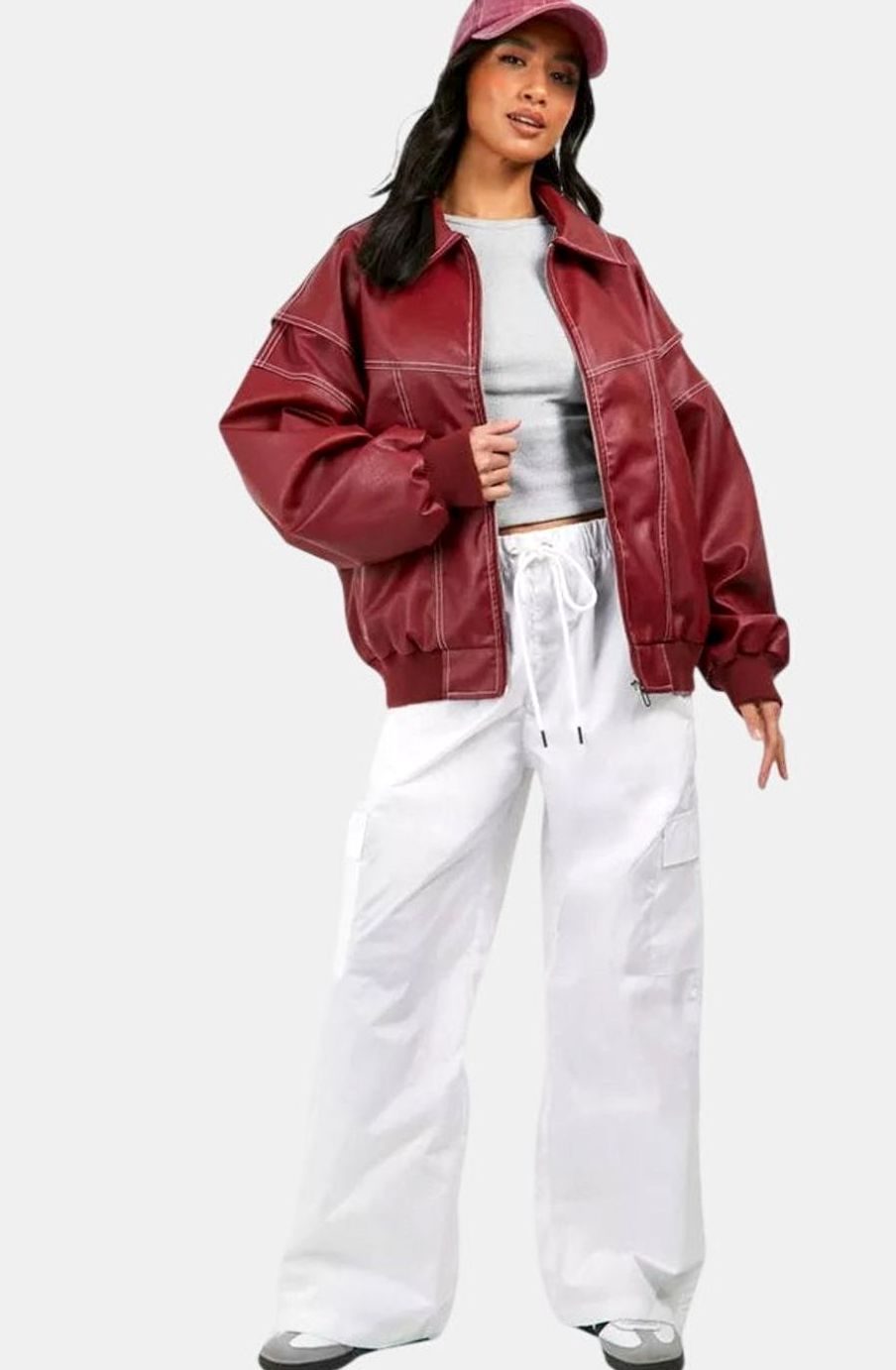 Women's Oversized Faux Leather Biker Jacket Contrast Stitch