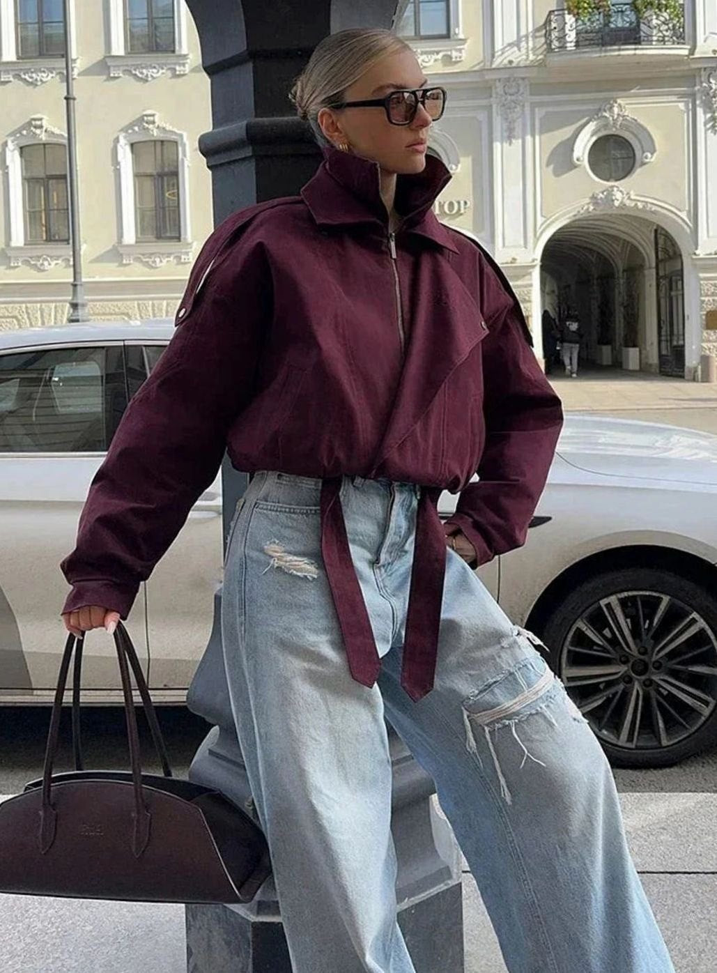 Women's Oversized High-Collar Zip-Up Bomber Jacket