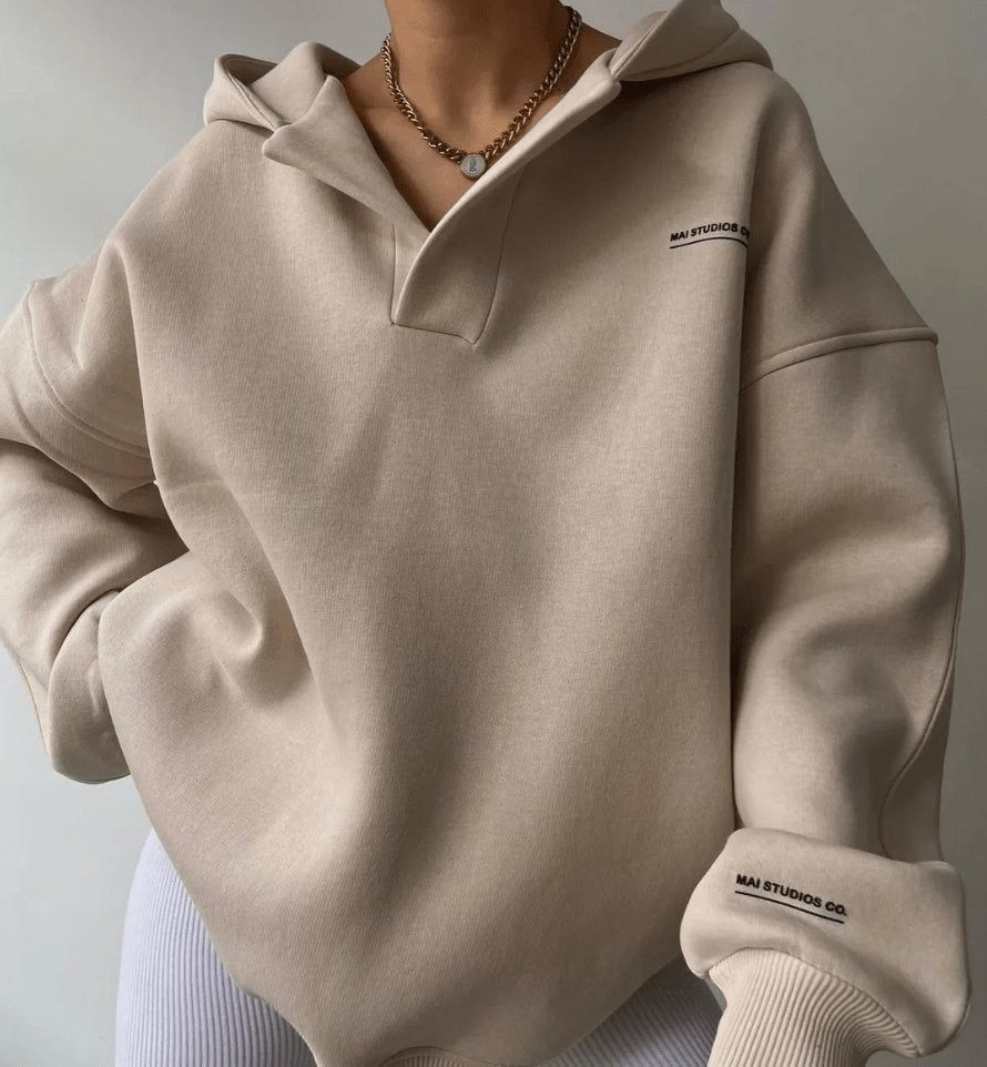 Women's Oversized Hoodie Soft Cotton Blend Relaxed Fit - Beige