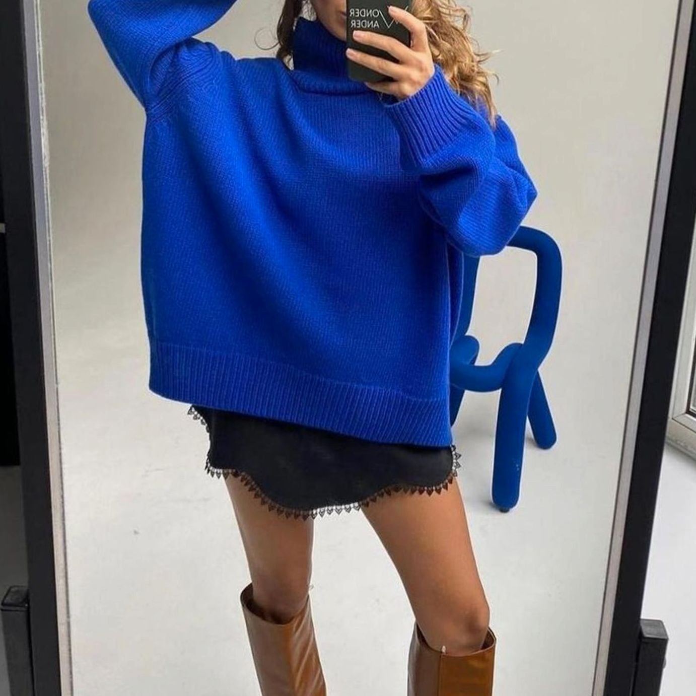 Women's Oversized Knit Turtleneck Pullover Sweater - Blue