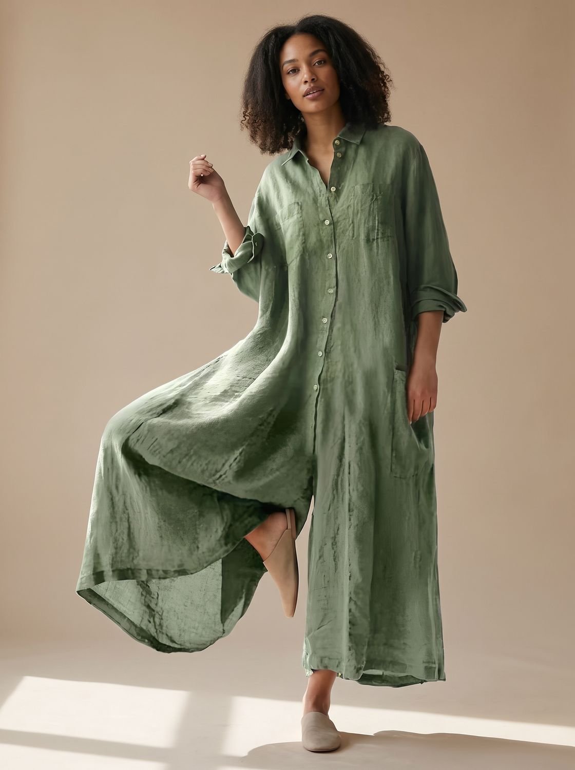 Women's Oversized Linen-Look Button-Down Maxi Shirt Dress - Green