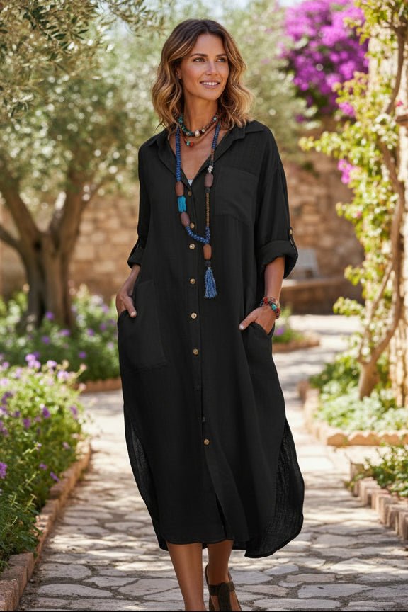 Women's Oversized Linen Midi Summer Dress V-Neck Relaxed Fit