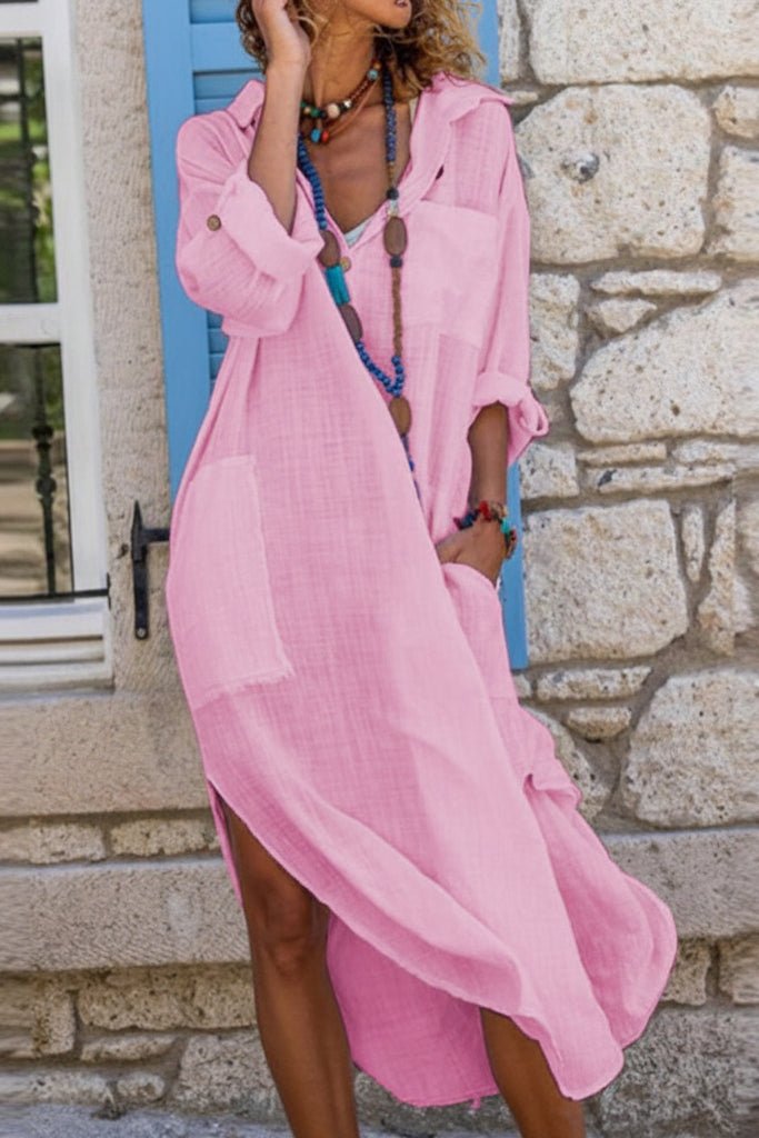 Women's Oversized Linen Midi Summer Dress V-Neck Relaxed Fit - Pink