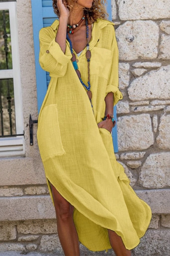 Women's Oversized Linen Midi Summer Dress V-Neck Relaxed Fit - Yellow