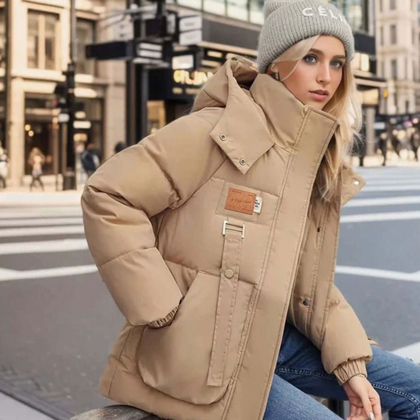 Women's Oversized Puffer Denim Jacket Style Winter Coat - Khaki
