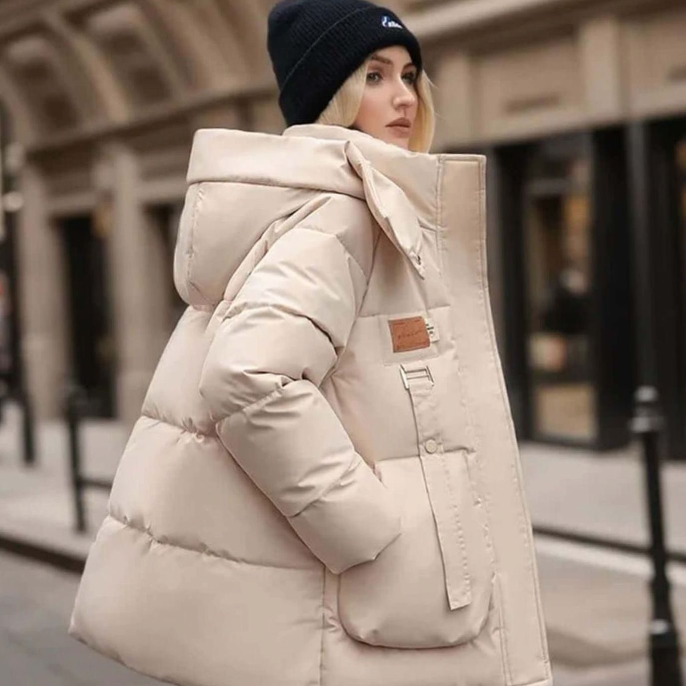 Women's Oversized Puffer Denim Jacket Style Winter Coat - Beige