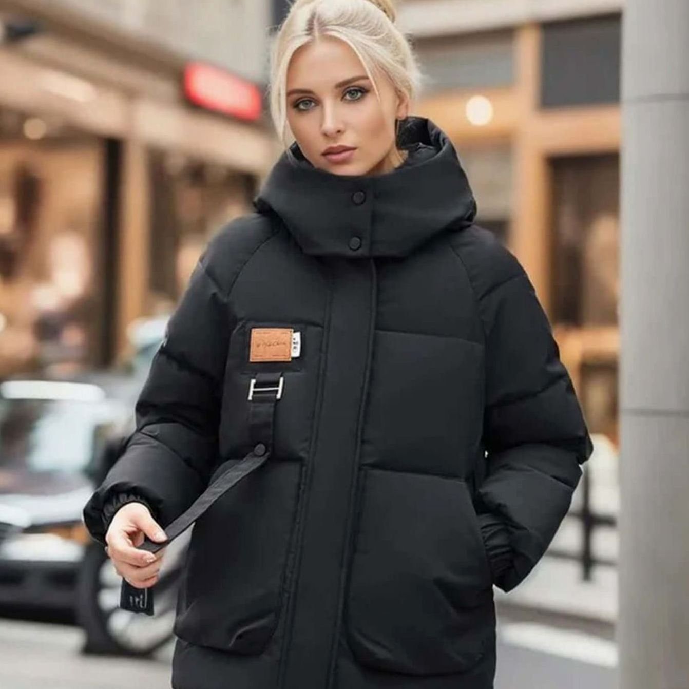 Women's Oversized Puffer Denim Jacket Style Winter Coat - Black