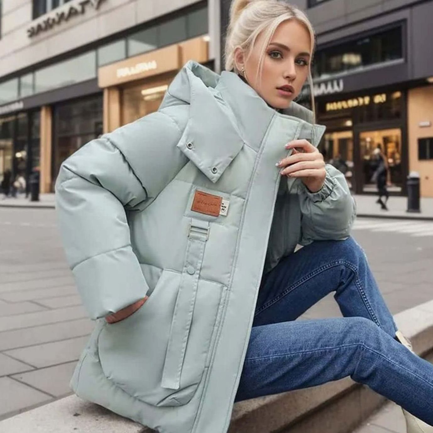 Women's Oversized Puffer Denim Jacket Style Winter Coat - Mint Green