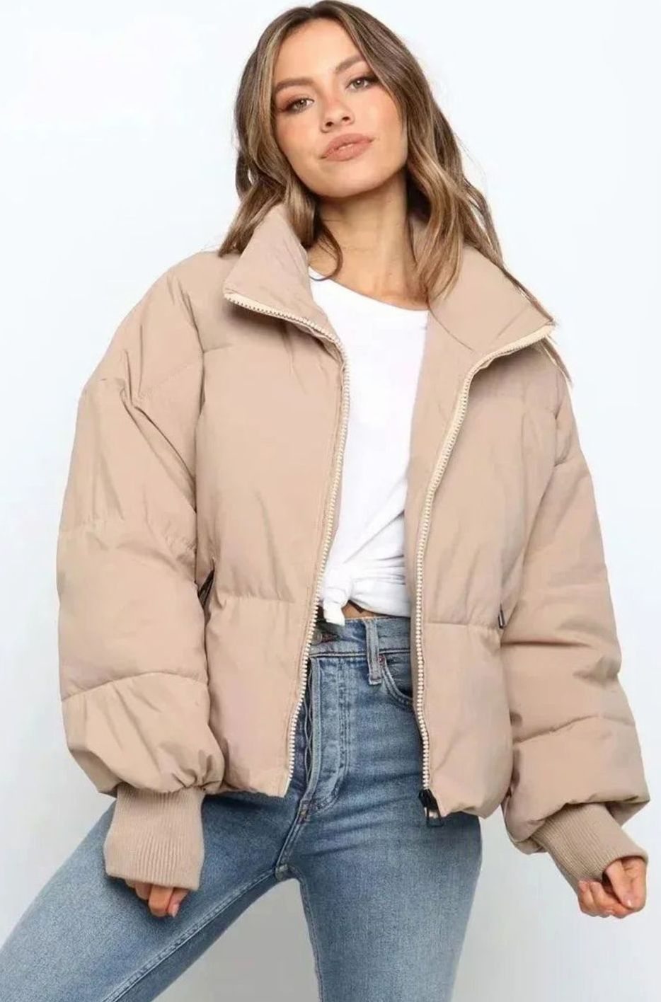 Women's Oversized Quilted Puffer Light Jacket Full-Zip Stand Collar - Khaki