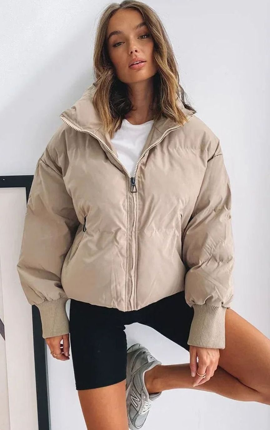 Women's Oversized Quilted Puffer Light Jacket Full-Zip Stand Collar