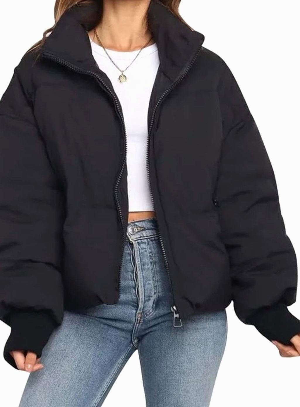 Women's Oversized Quilted Puffer Light Jacket Full-Zip Stand Collar - Black