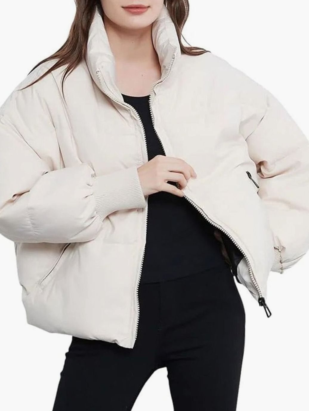 Women's Oversized Quilted Puffer Light Jacket Full-Zip Stand Collar - White