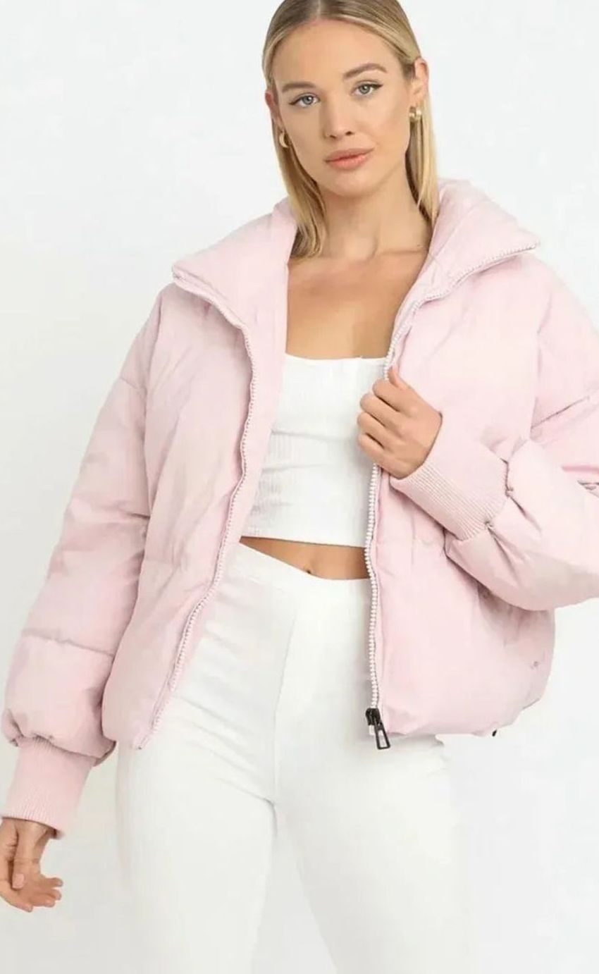 Women's Oversized Quilted Puffer Light Jacket Full-Zip Stand Collar - Pink