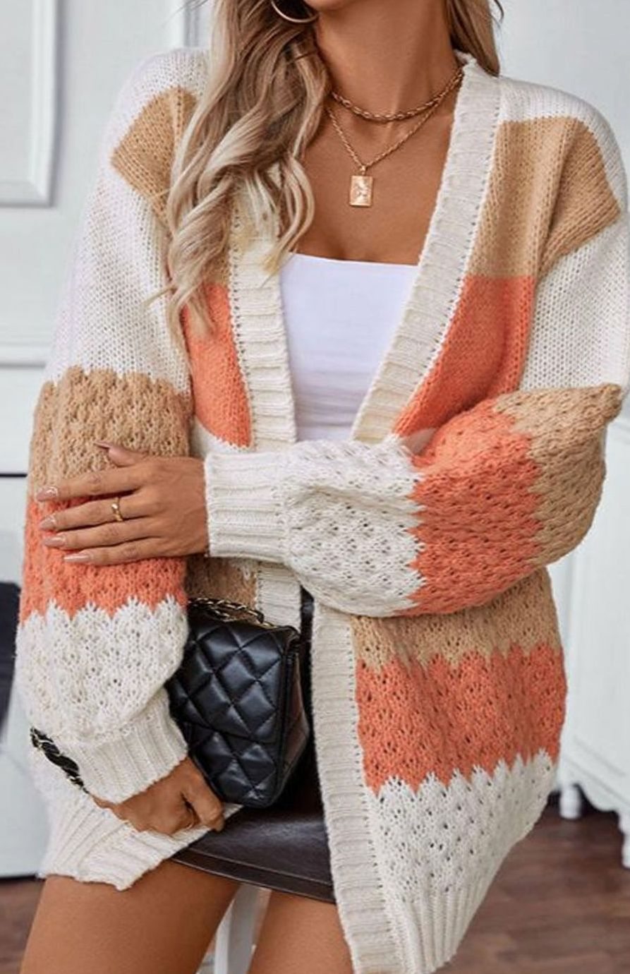 Women's Oversized Striped Knit Open-Front Cardigan