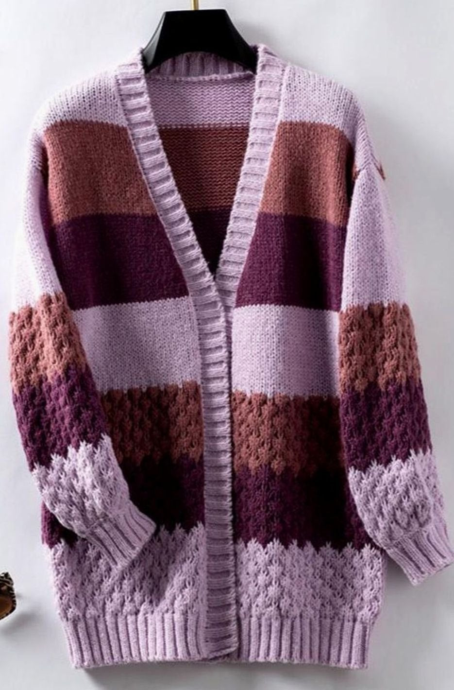Women's Oversized Striped Knit Open-Front Cardigan - Purple