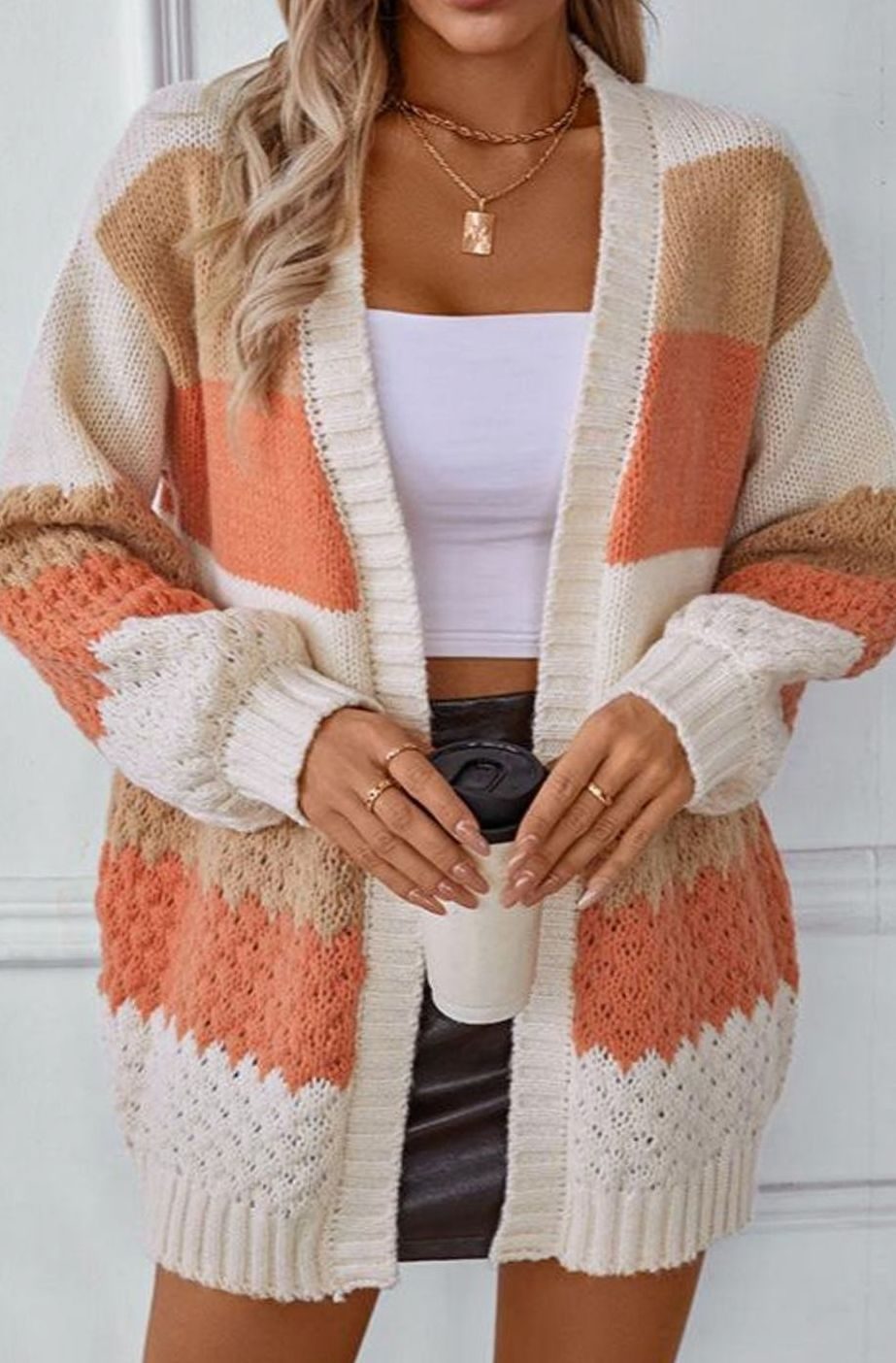 Women's Oversized Striped Knit Open-Front Cardigan