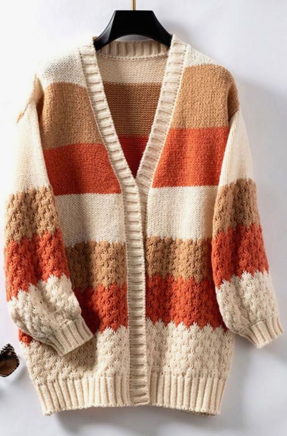 Women's Oversized Striped Knit Open-Front Cardigan - Orange