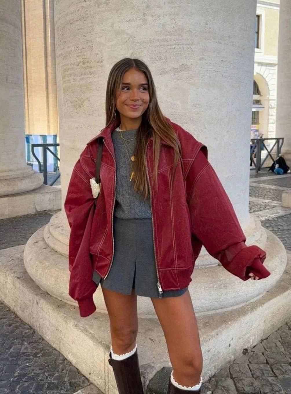 Women's Oversized Zip-Up Bomber Jacket Relaxed Fit - Red