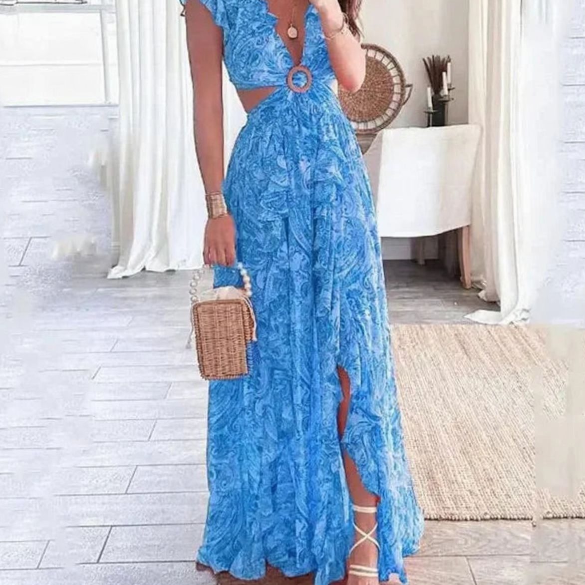 Women's Paisley Floral Maxi Dress V-Neck Cutout Ruffle - Blue