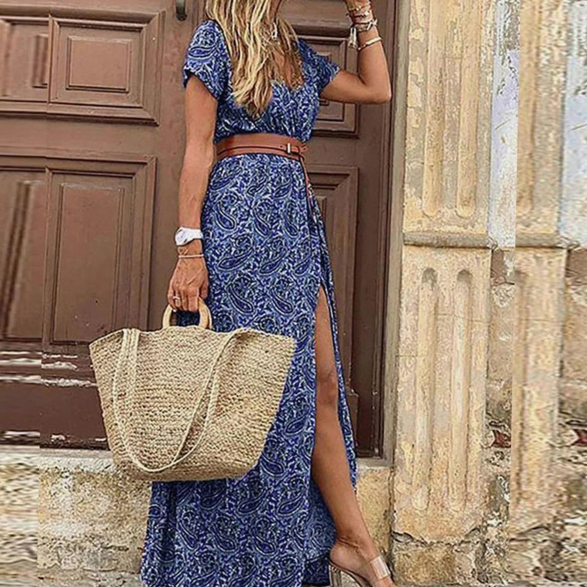 Women's Paisley Print Boho Maxi Dress V-Neck Short Sleeve - Blue