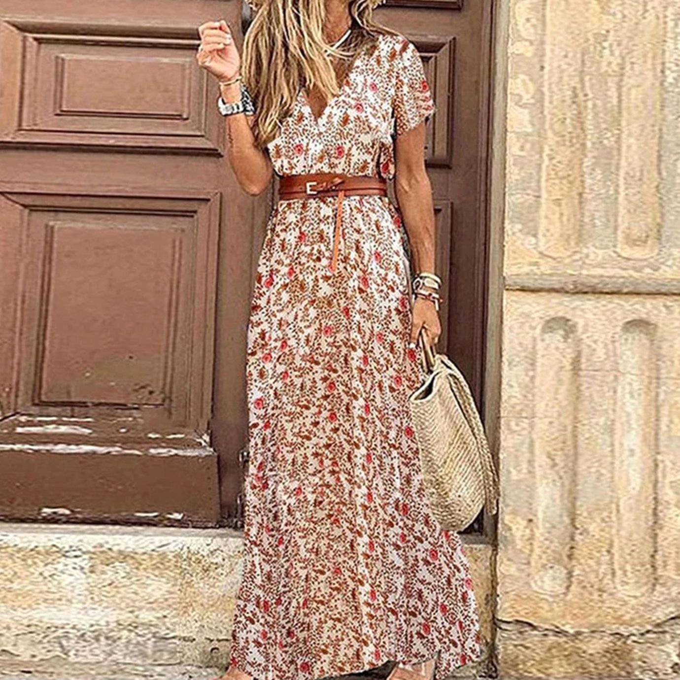Women's Paisley Print Boho Maxi Dress V-Neck Short Sleeve - Red