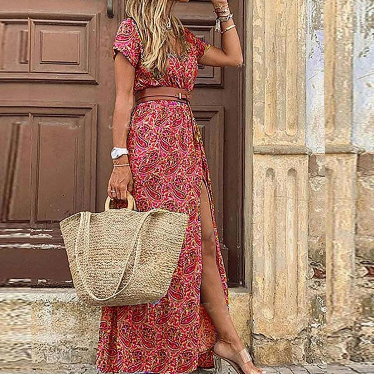 Women's Paisley Print Boho Maxi Dress V-Neck Short Sleeve - Dark Red