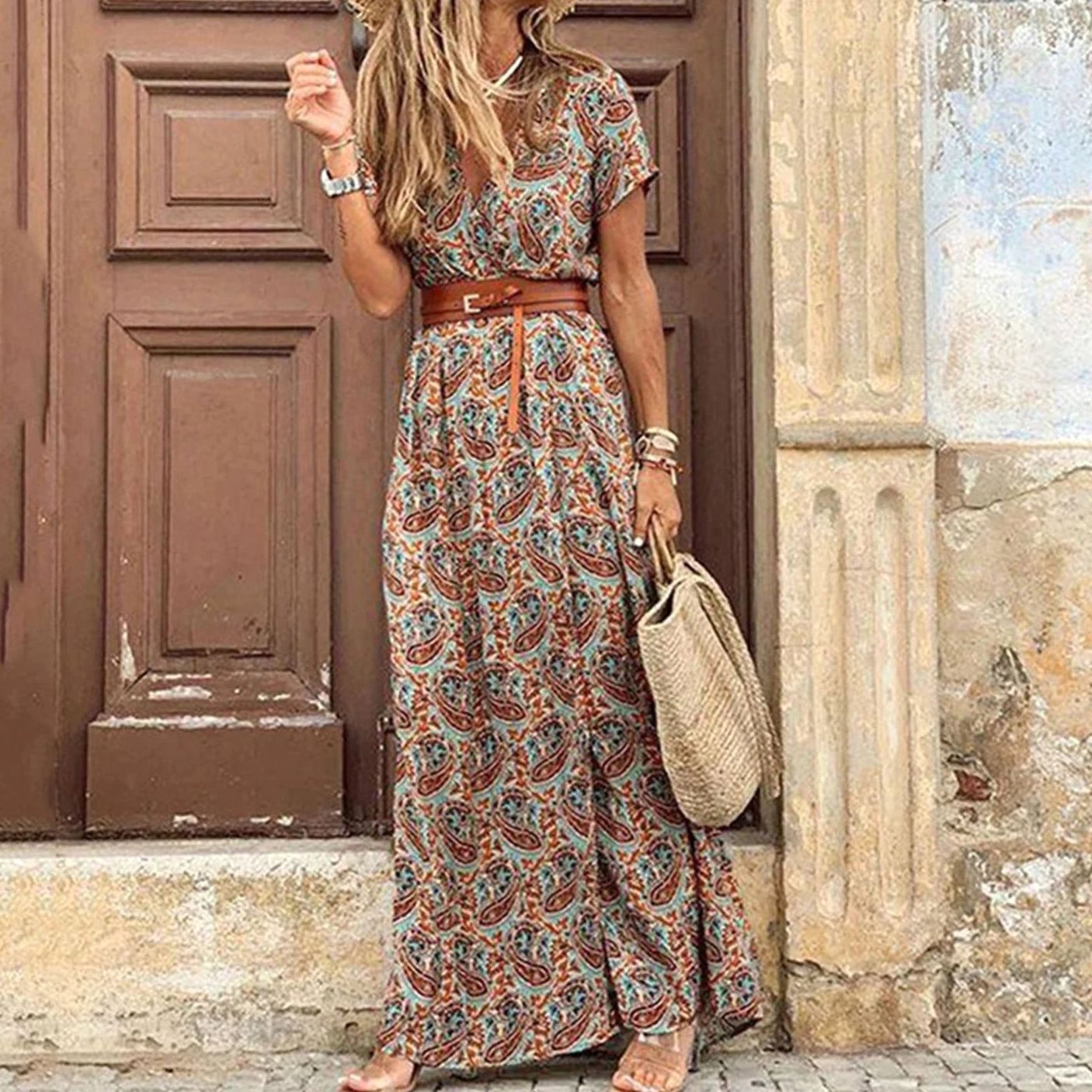Women's Paisley Print Boho Maxi Dress V-Neck Short Sleeve - Brown