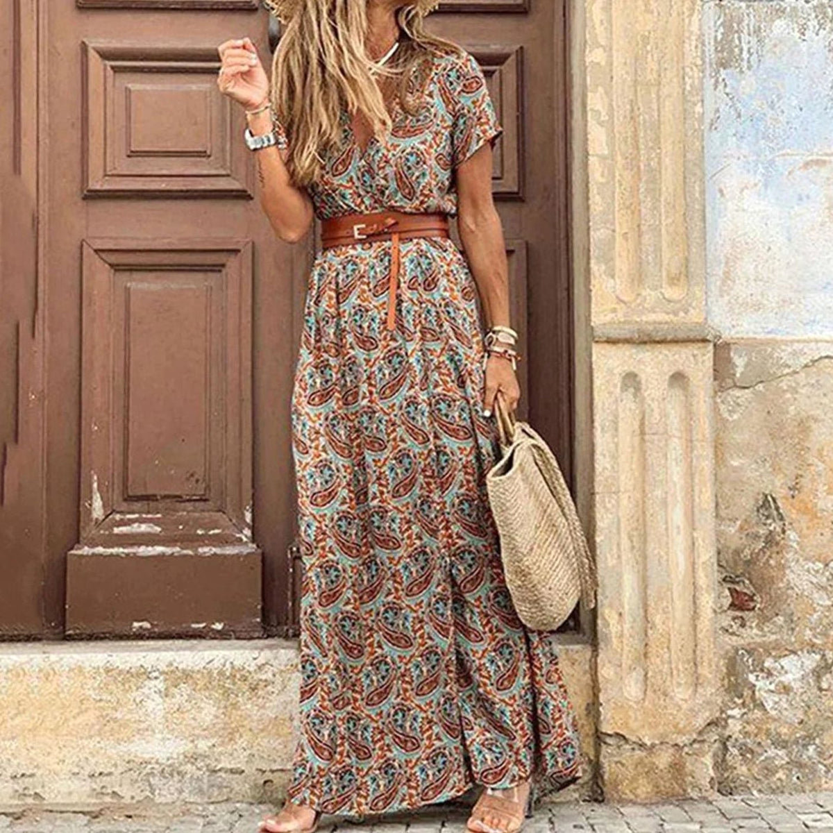 Women's Paisley Print Boho Maxi Dress V-Neck Short Sleeve - Brown