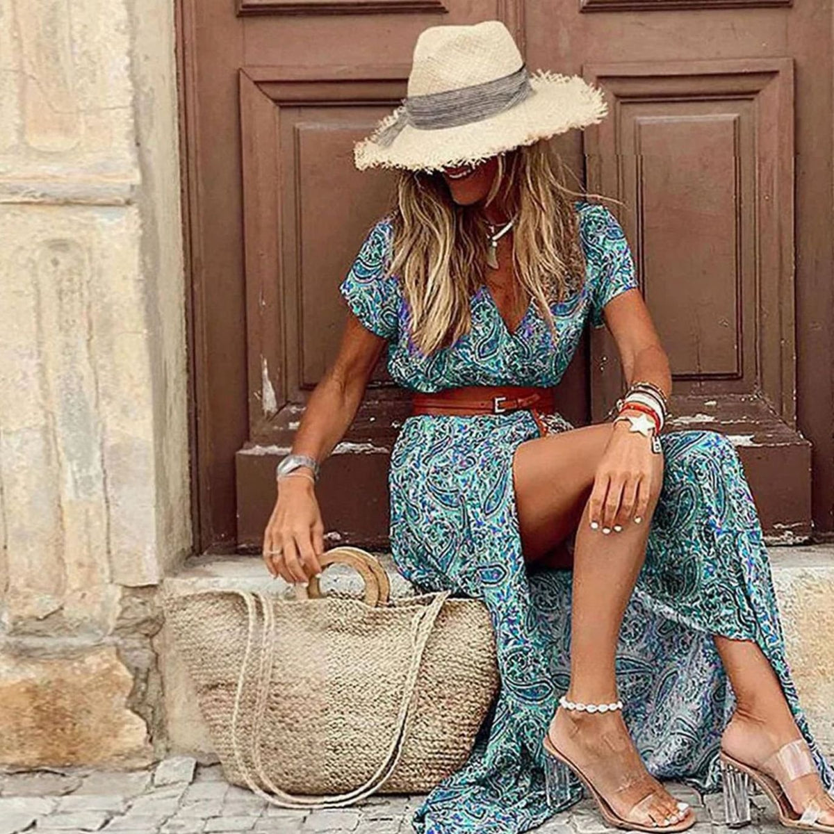 Women's Paisley Print Boho Maxi Dress V-Neck Short Sleeve - Green