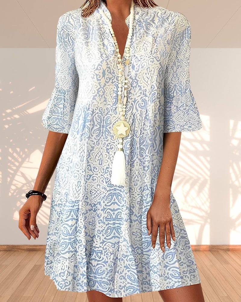 Women's Paisley V-Neck Three-Quarter Sleeve Dress - Blue
