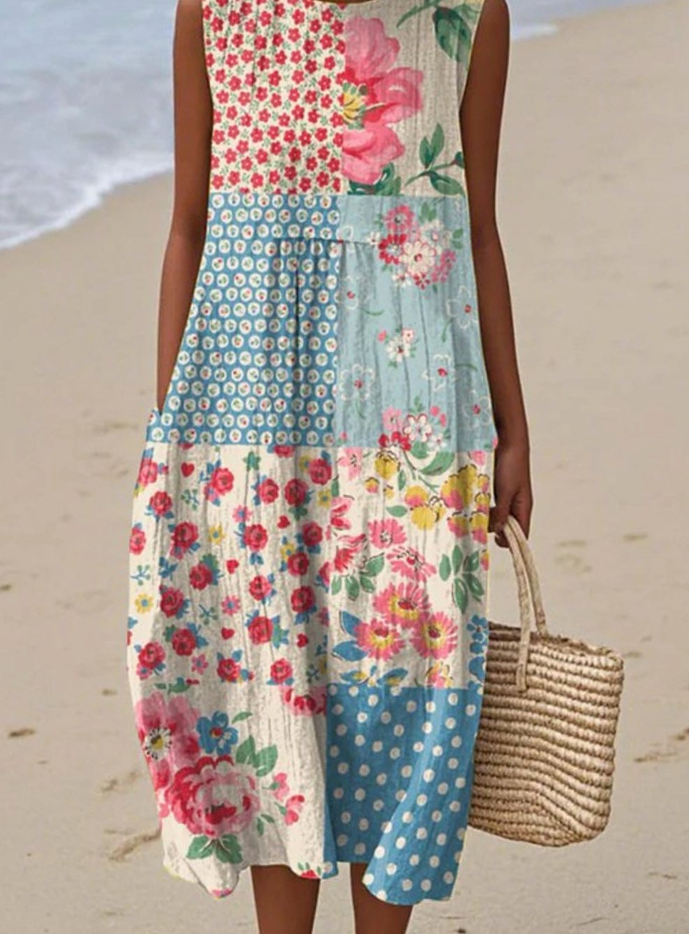 Women's Patchwork Floral Midi Sleeveless Dress - Multicolor