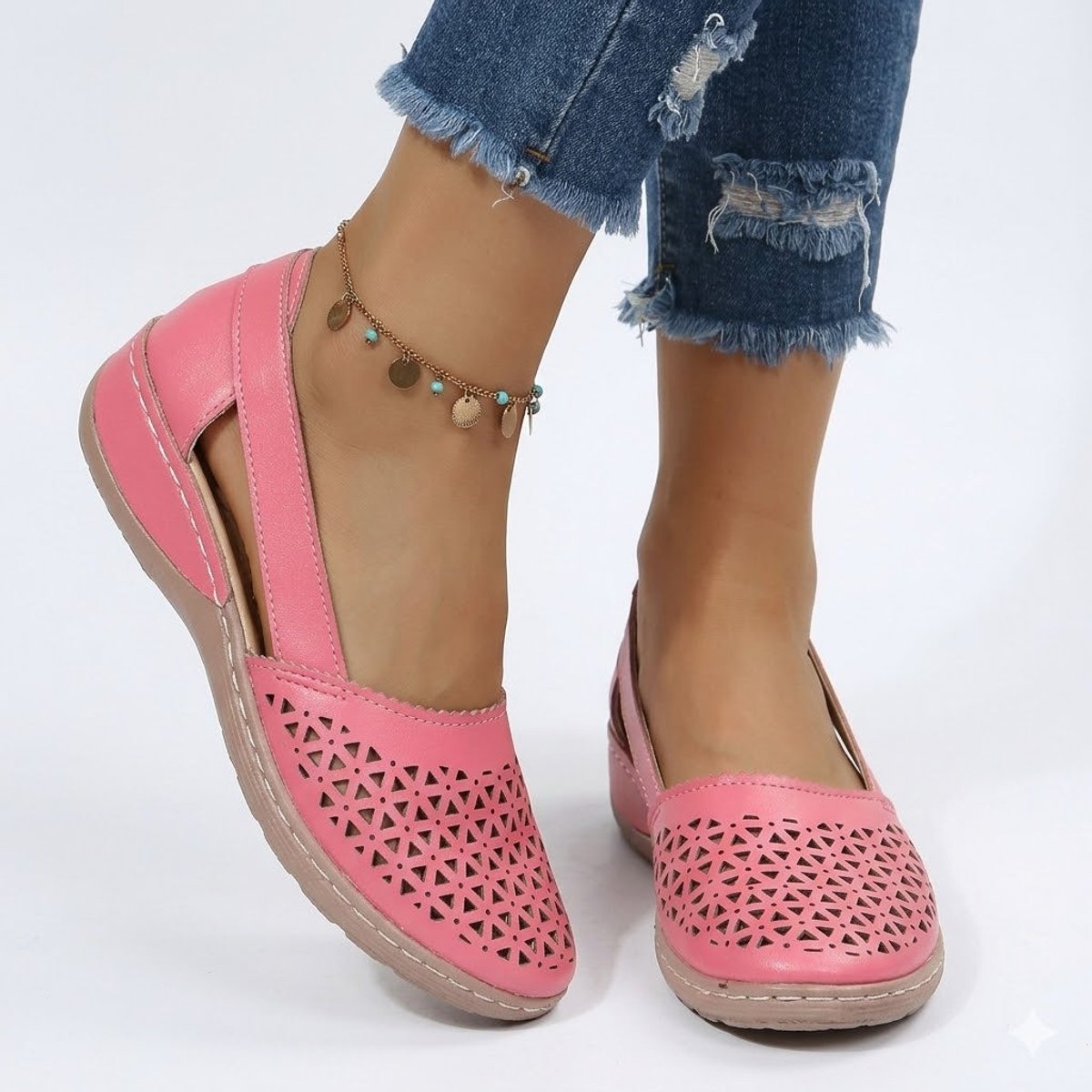 Women's Perforated Slip-On Comfort Sandals Breathable Casual Flats - Light Pink