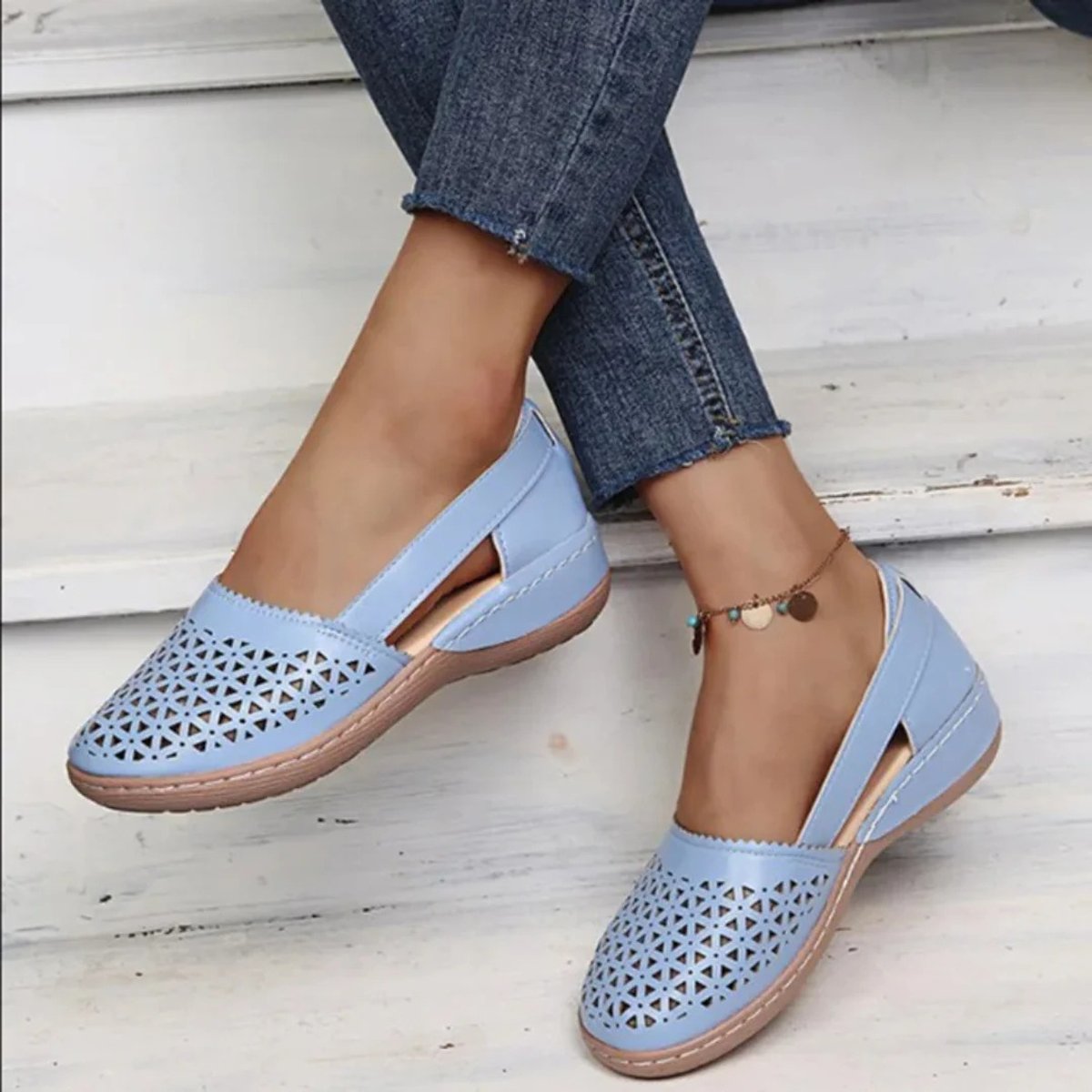 Women's Perforated Slip-On Comfort Sandals Breathable Casual Flats - Blue
