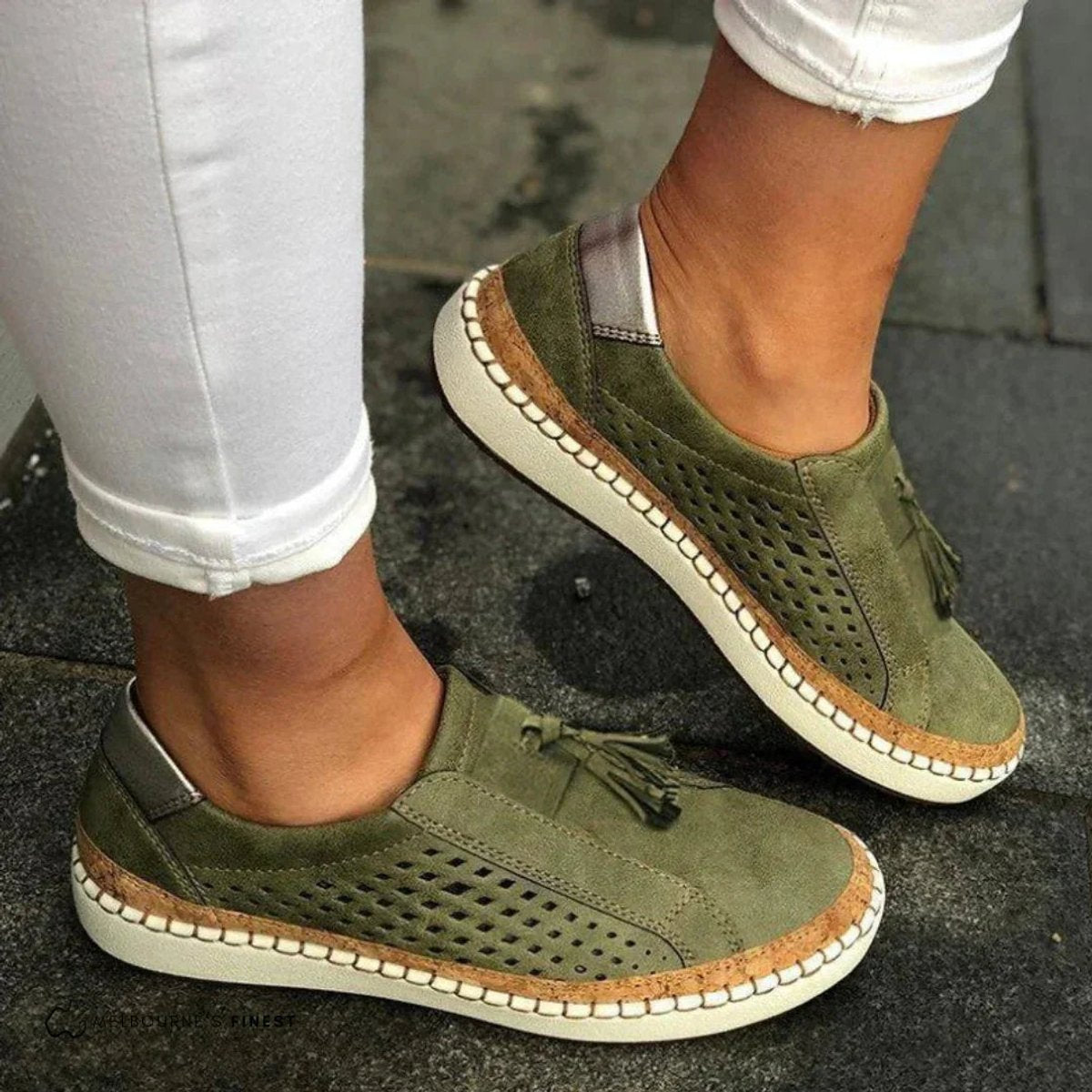 Women's Perforated Slip-On Comfort Sneakers Tassel Cork Trim - Green