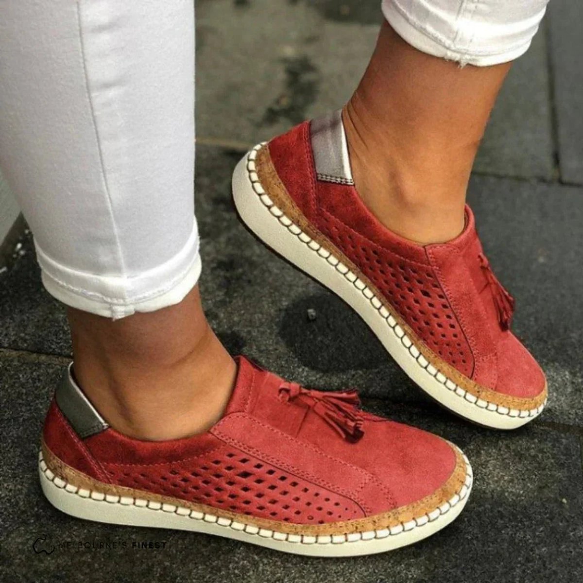 Women's Perforated Slip-On Comfort Sneakers Tassel Cork Trim - Red