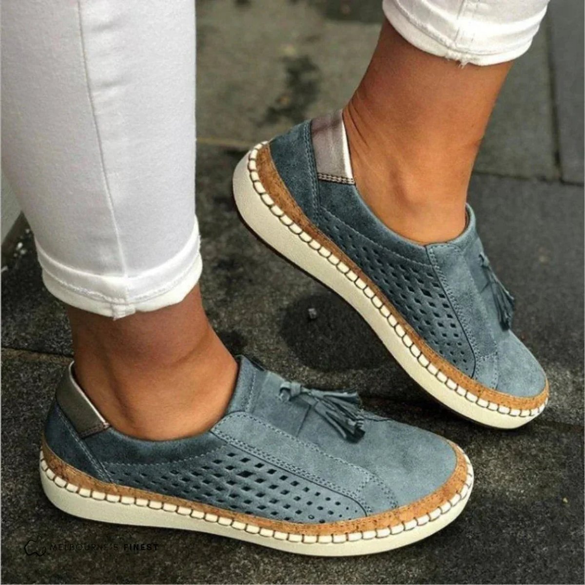 Women's Perforated Slip-On Comfort Sneakers Tassel Cork Trim - Blue