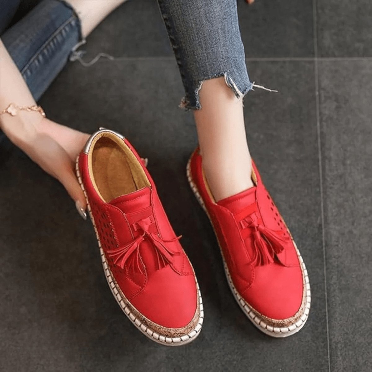 Women's Perforated Slip-On Comfort Sneakers Tassel Cork Trim