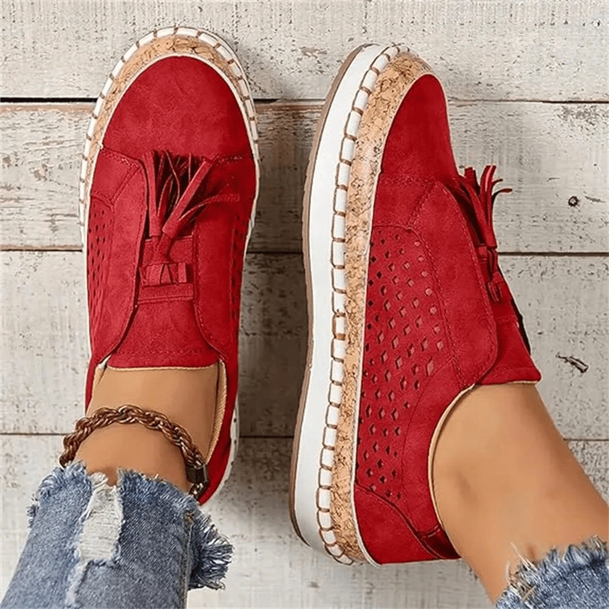 Women's Perforated Slip-On Comfort Sneakers Tassel Cork Trim