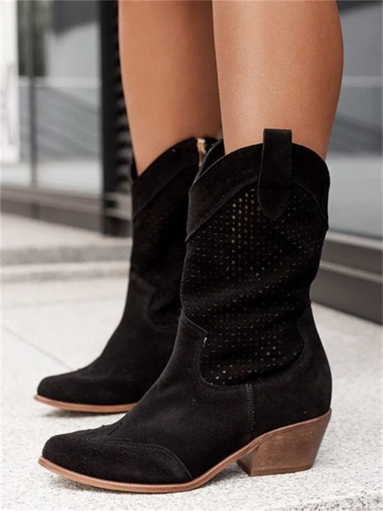 Women's Perforated Suede Western Block-Heel Ankle Boots - Black