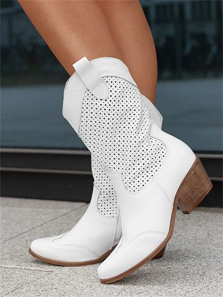 Women's Perforated Suede Western Block-Heel Ankle Boots