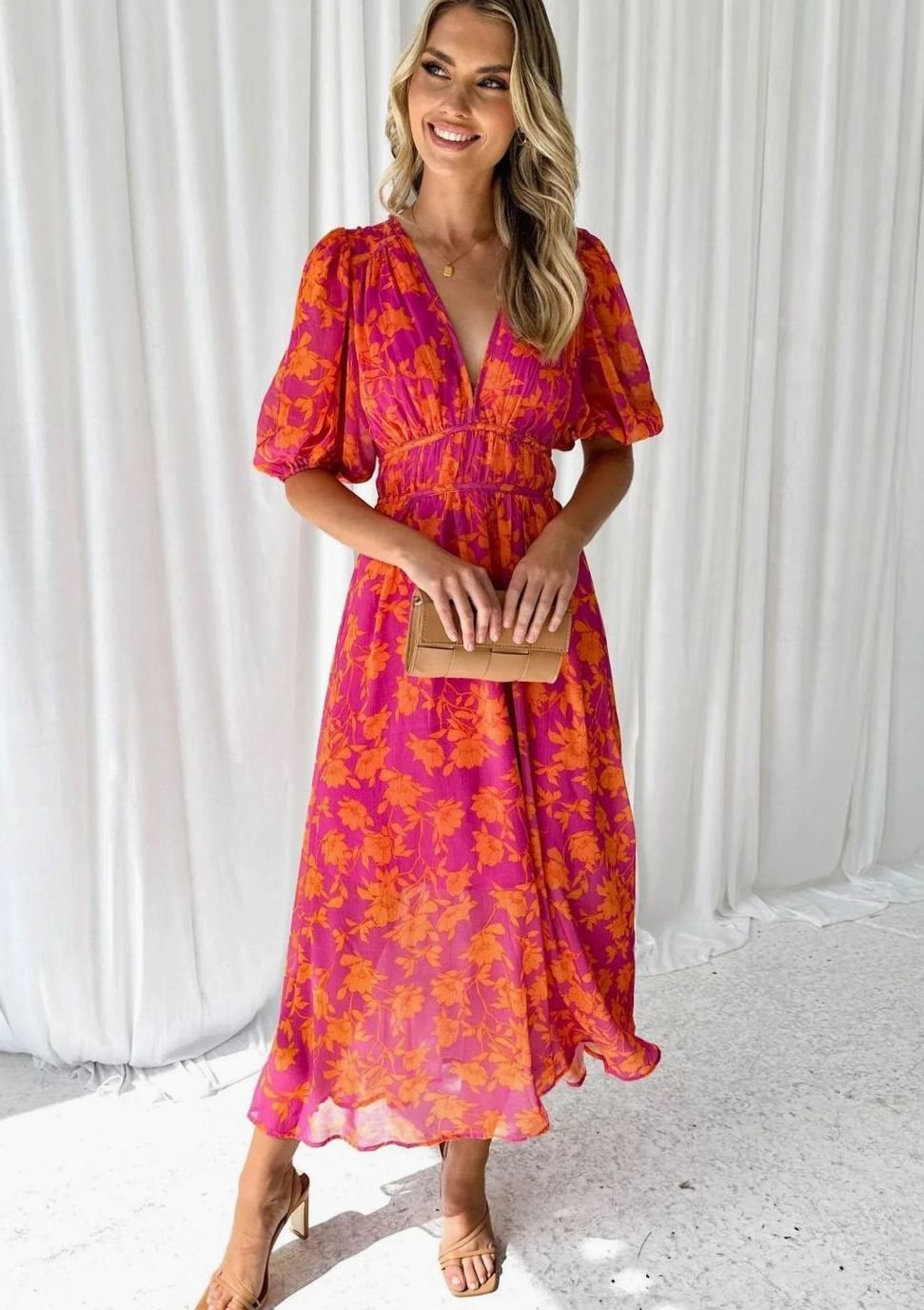 Women's Pink Floral Maxi Dress V-Neck Short Sleeve