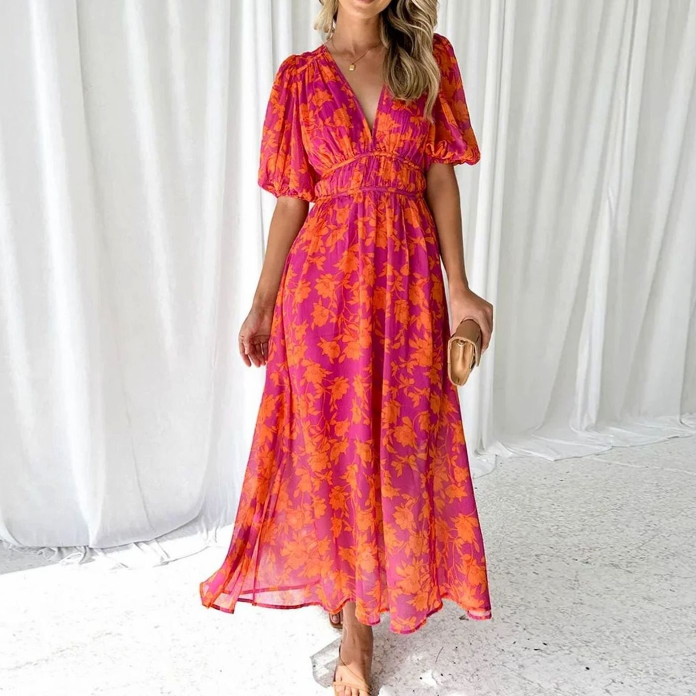 Women's Pink Floral Maxi Dress V-Neck Short Sleeve